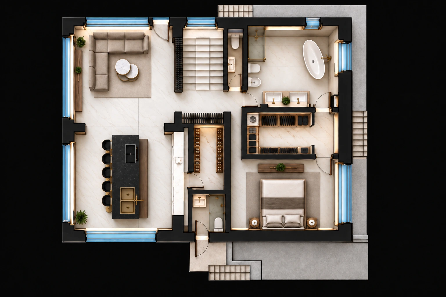 Salon, kuchnia i prywatny apartament · Poglądowa wizualizacja przestrzenna